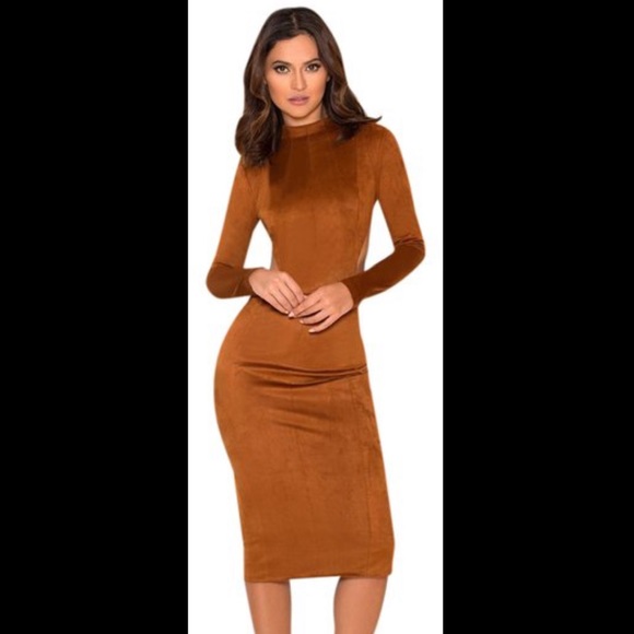 House of CB London Brown Suede Maxi Dress High Neck Cutout Slit Tan Zipper back - Picture 8 of 17